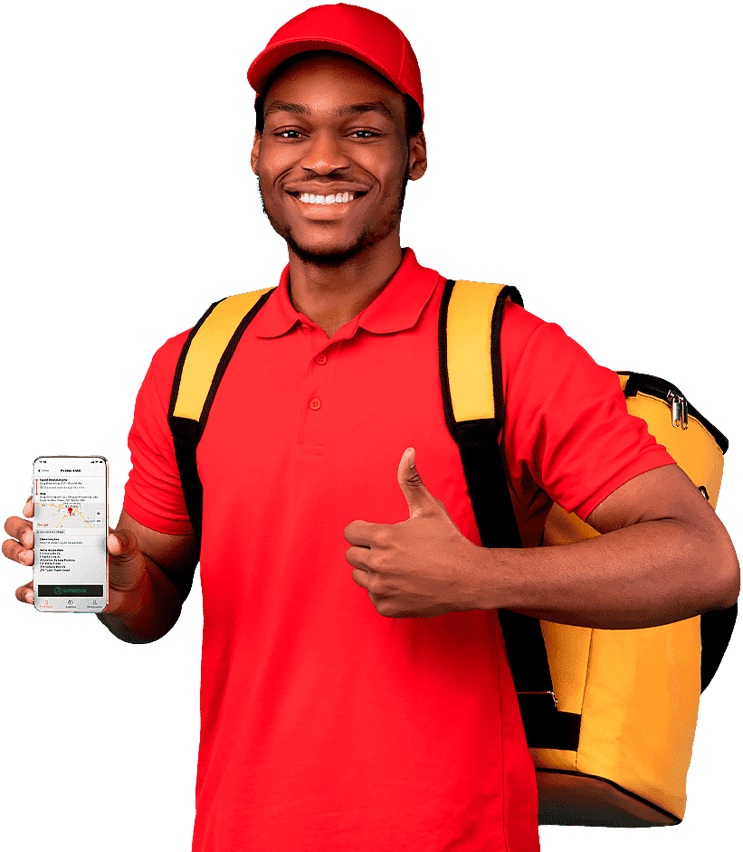 Entregador acompanhando a rota da entrega pelo celular com o App do Entregador Consumer