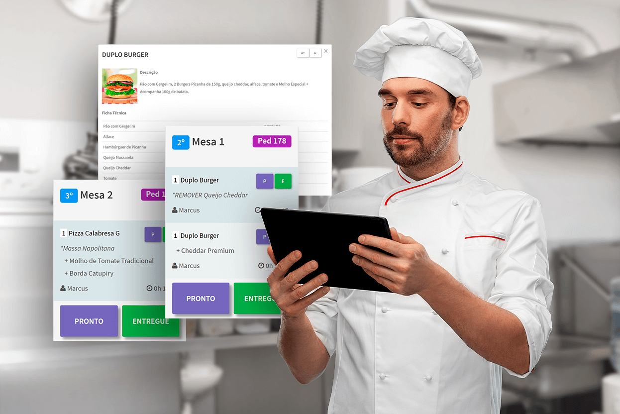 Cozinha acompanhando os pedidos em ordem no Monitor de Preparos
