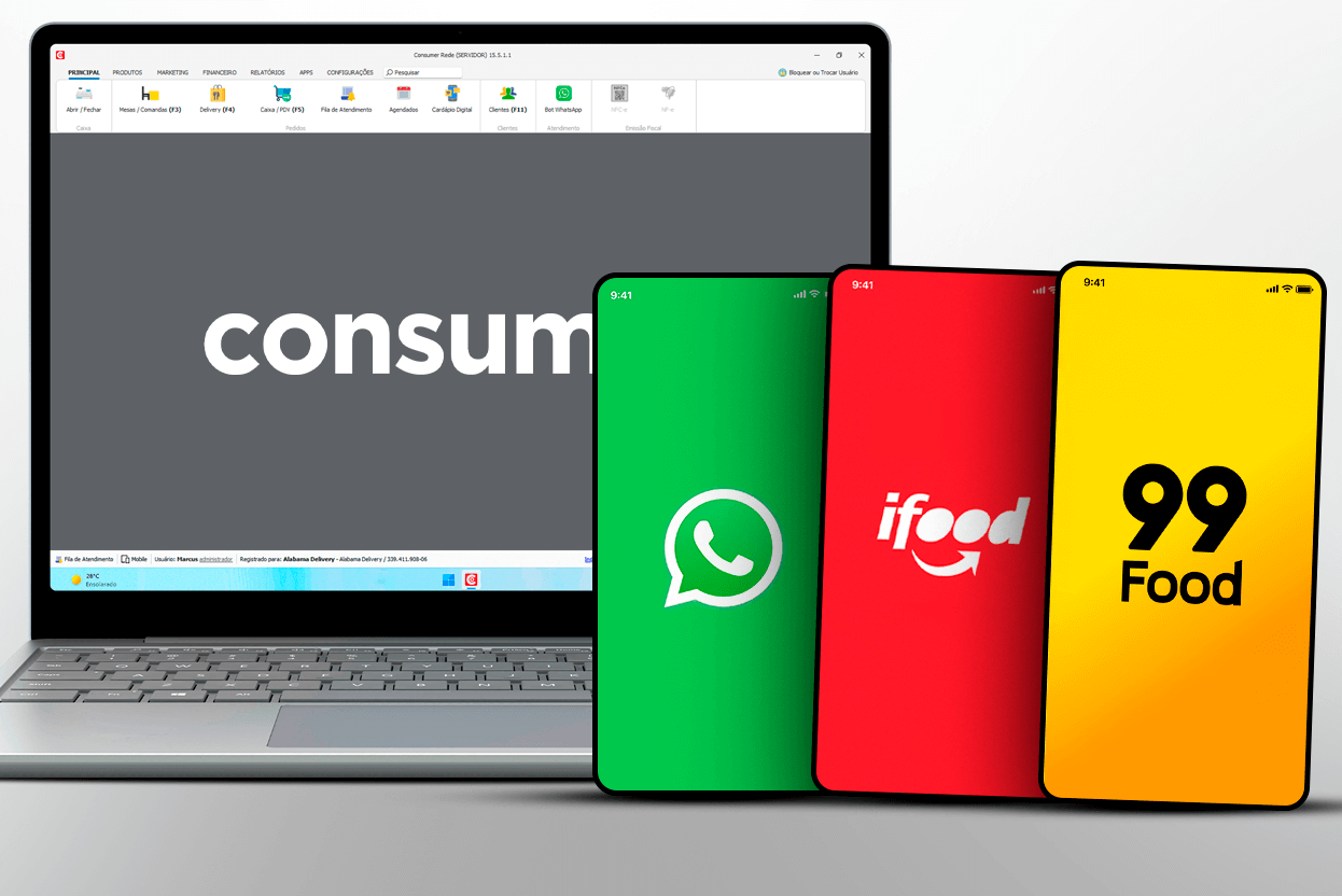 Consumer reunindo site próprio, iFood, 99Food e WhatsApp Bot no mesmo painel