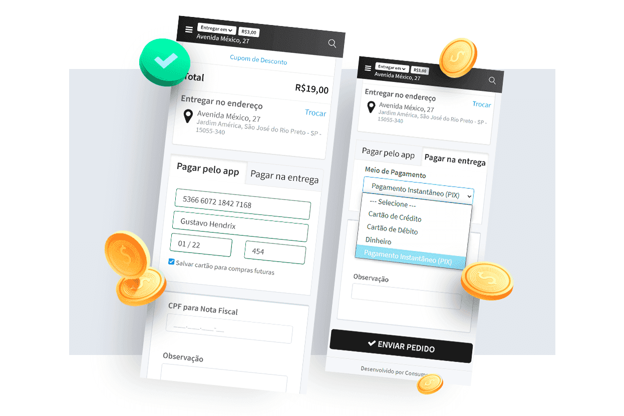Pagamentos online por Cielo, PagSeguro e PIX no delivery Consumer