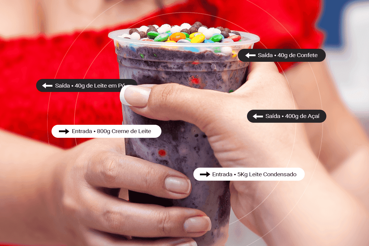 Tela do Consumer mostrando complementos do açaí (granola, leite condensado, frutas) com estoque sendo abatido em tempo real.