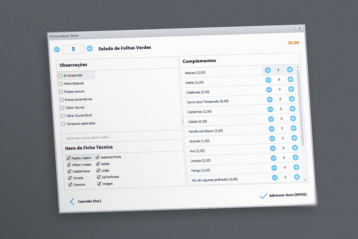 Ficha técnica e adicionais dos produtos da cafeteria no Consumer